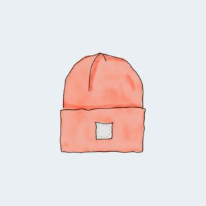 Hand-drawn coral beanie illustration with a small front patch.