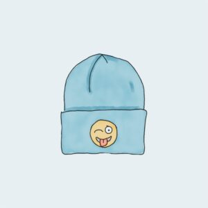Light blue beanie with a winking tongue-out emoji.