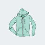 A hand-drawn illustration of a mint green zip-up hoodie.