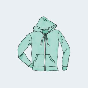 A hand-drawn illustration of a mint green zip-up hoodie.