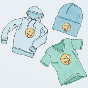 Blue hoodie, beanie, and green shirt with winking emoji.
