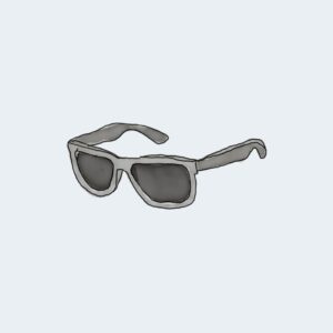 Simple sketch of gray sunglasses with dark lenses.