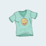 Hand-drawn teal v-neck t-shirt with a winking emoji graphic.