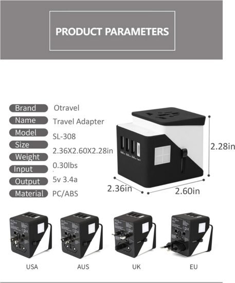 2019 , 3 USB + 1 Typc C International Power Adapter for Europe, UK, China, Australia, Japan and More 200 Countries Black Green - Image 4