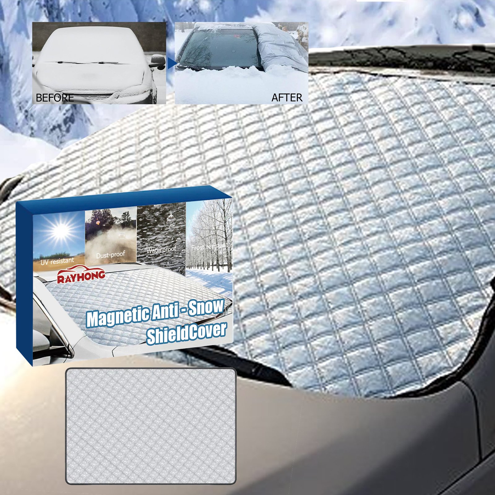 DivineLink1 Magnetic Anti-Snow Shield Cover protecting a car windshield from snow with a box packaging illustration showing snow-covered and clear windshields.