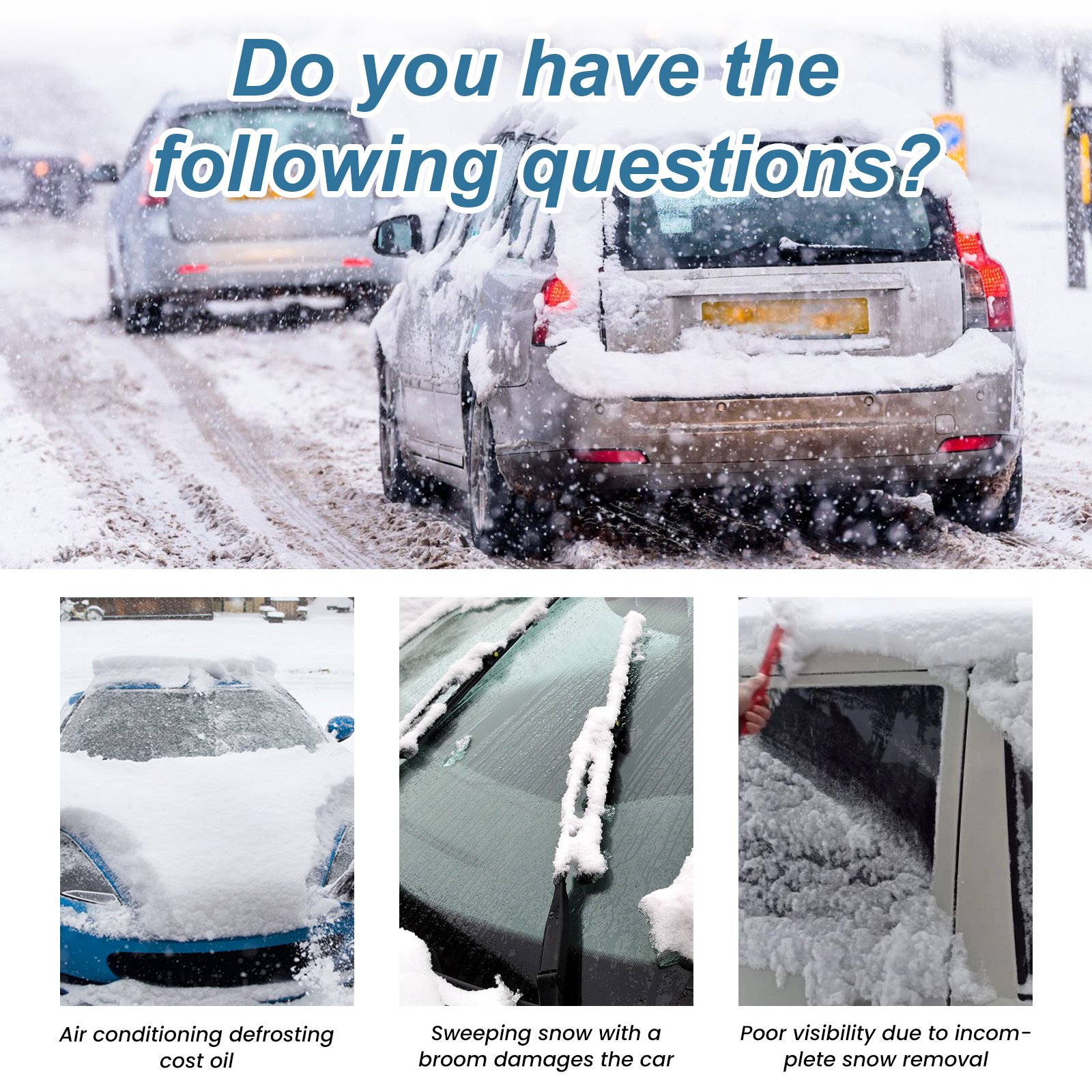 DivineLink1 Snow-covered cars on a winter road raise concerns about defrosting costs damage from DIY snow removal and visibility issues due to incomplete snow clearing